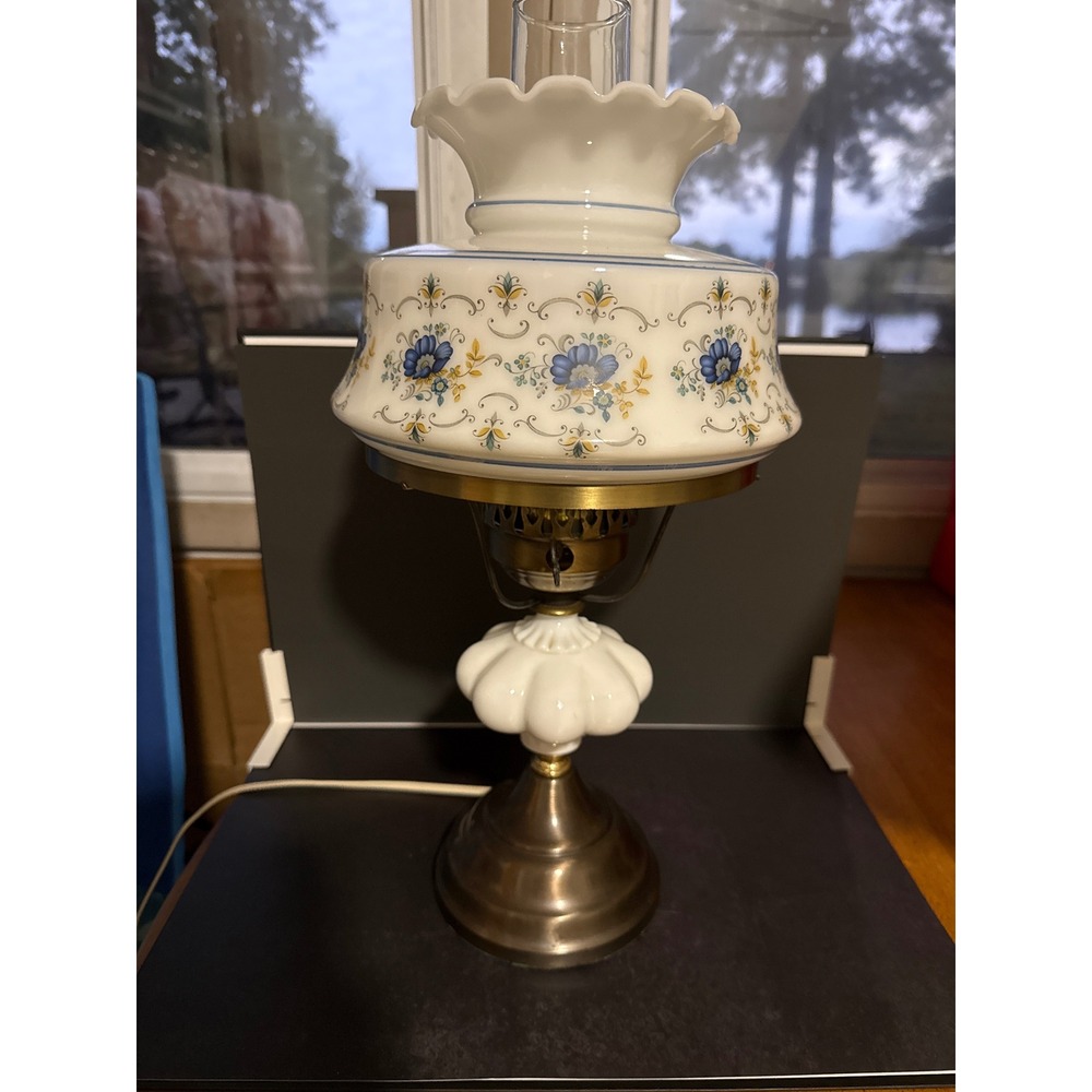 Vintage Milk Glass Hurricane Lamp Blue Floral Electric Table Light Ruffled Shade